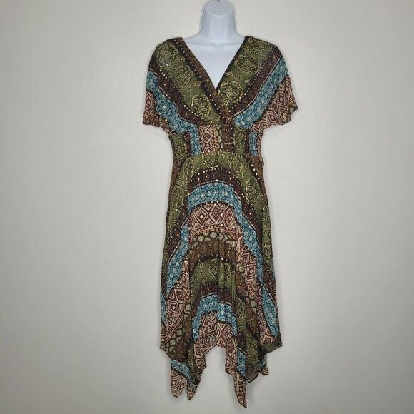 Green brown grunge fairy handkerchief hem woodys artsy quirky midi dress size 4 - Picture 1 of 6